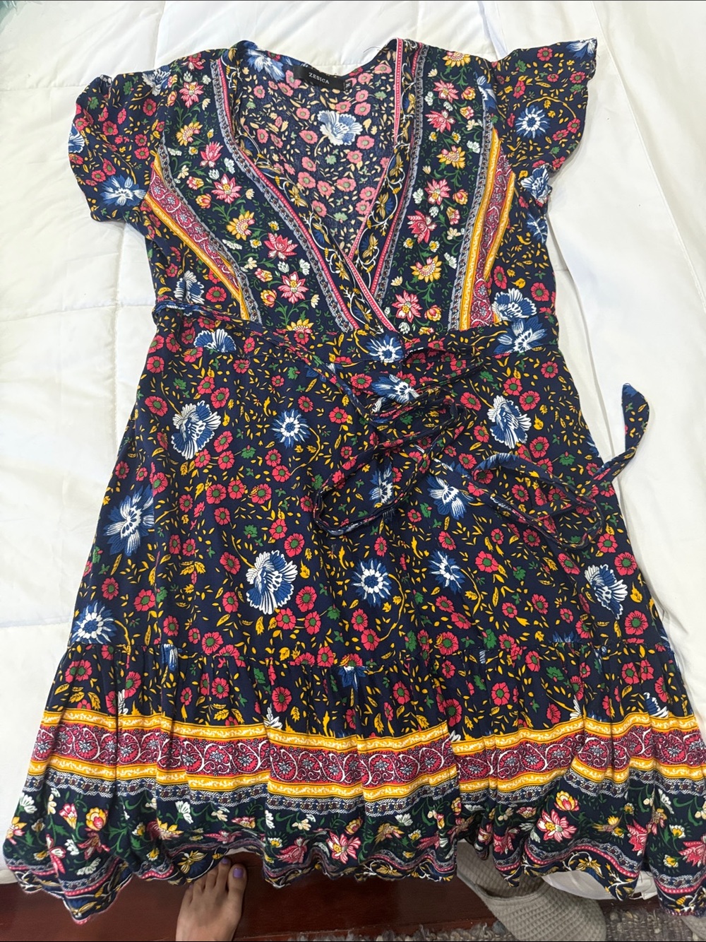 Girls' Navy Floral Wrap Dress with Pink & Yellow Accents